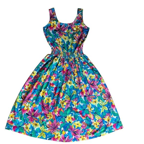 Vintage Dress Small Cottage Floral Leaves 80s does 50s Boho Tropical Fall Dress - Picture 13 of 13